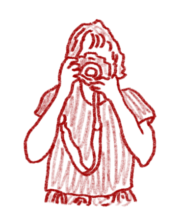An illustration of Kendall taking a photo with her 35mm film camera
